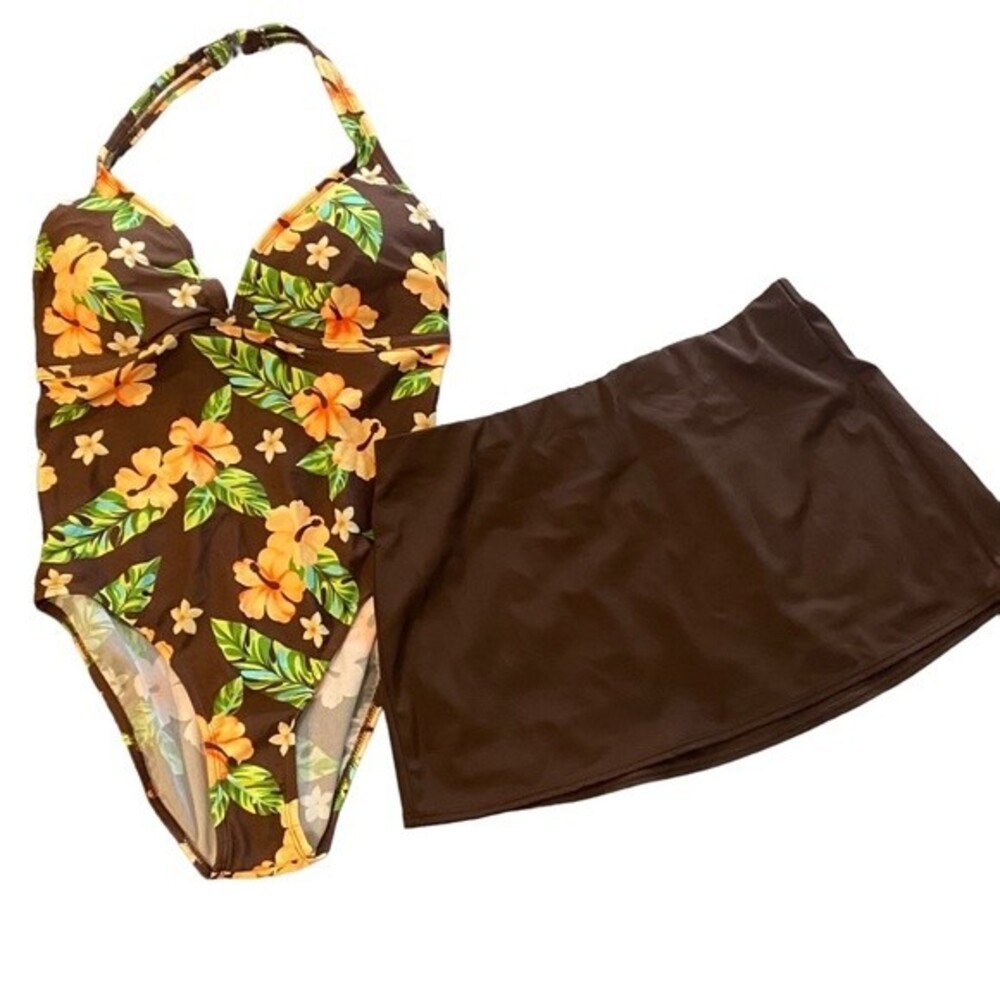 Vintage EUC one piece swimsuit tropical print & skirt coverup, underwire, sz 8